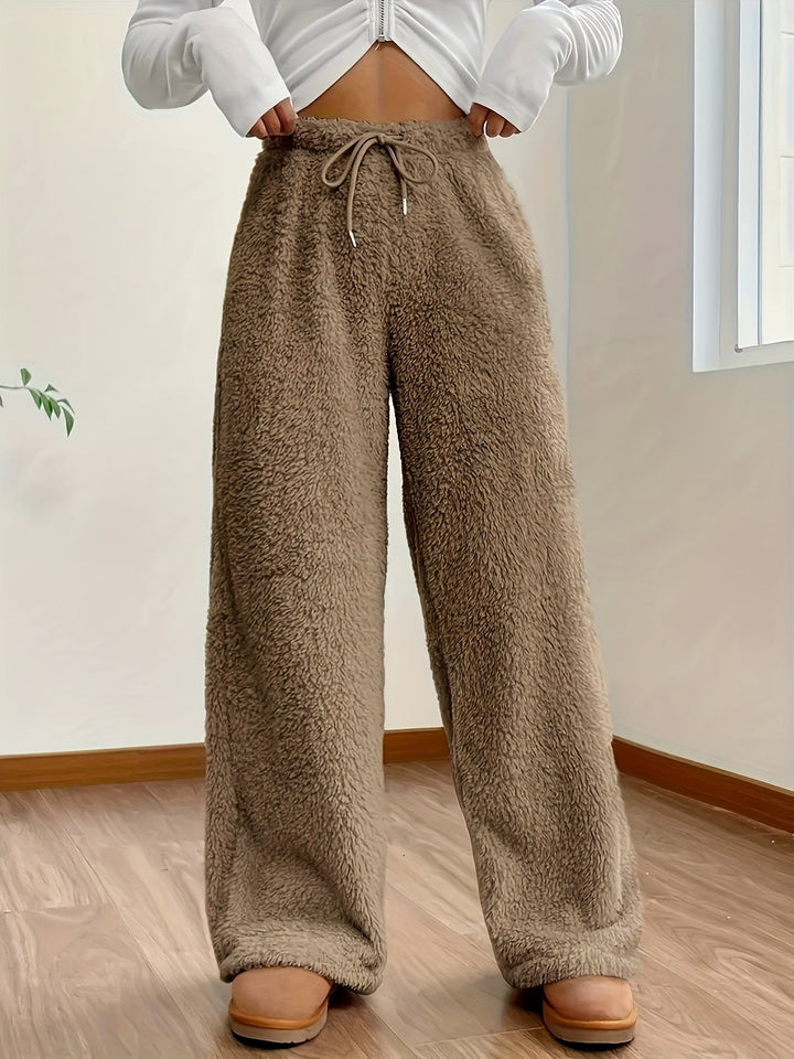 Miękkie spodnie loungewear z teddy sherpy dla kobiet – Noémie-Brązowy-S-Trend Polska