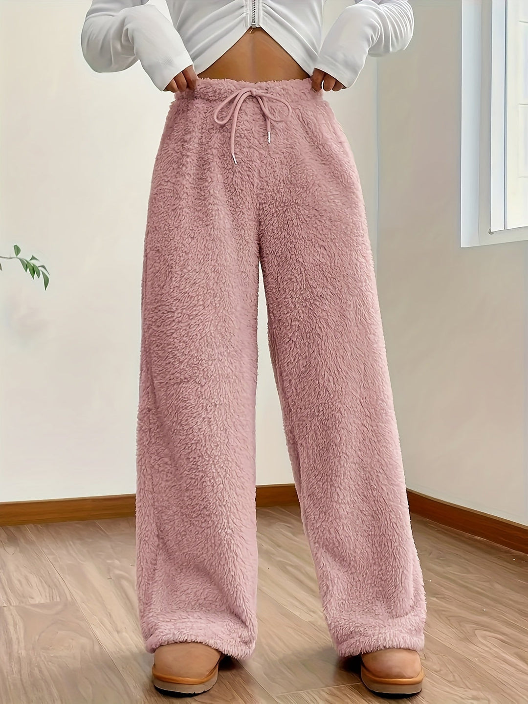 Miękkie spodnie loungewear z teddy sherpy dla kobiet – Noémie-Różowy-S-Trend Polska