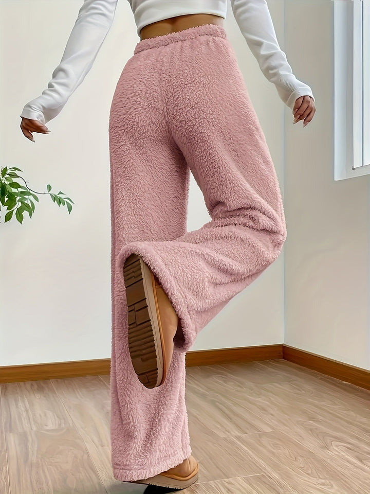Miękkie spodnie loungewear z teddy sherpy dla kobiet – Noémie-Beżowy-S-Trend Polska