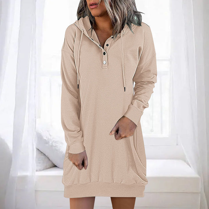 Minimalistyczny długi hoodie damski – Valeria-Beżowy-S-Trend Polska