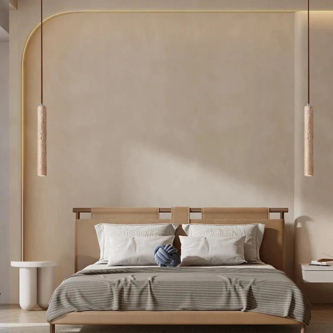 Minimalistyczny Żyrandol LED w stylu Wabi-Sabi z trawertynu - LumoLine-1 Głowa-Trend Polska