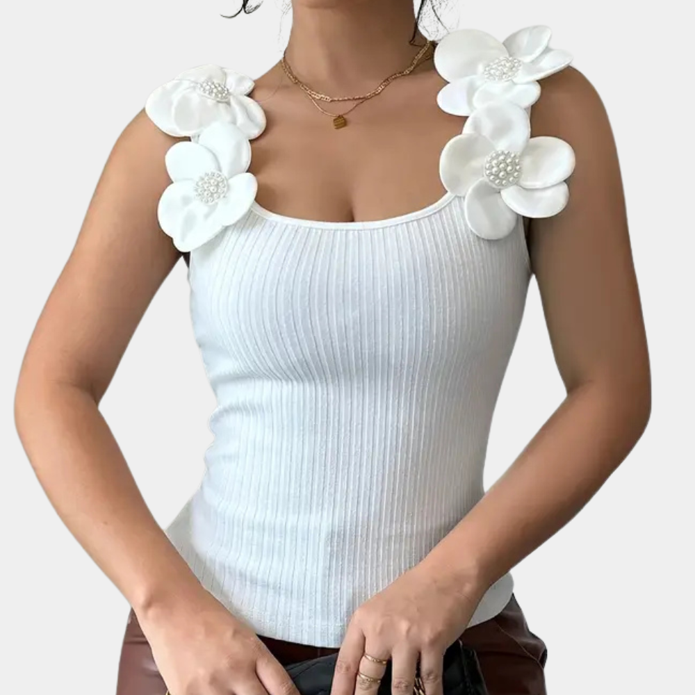 Modna Biała Top bez Rękawów dla Kobiet z Kwiatowymi Detalami - Elara-XS-Trend Polska