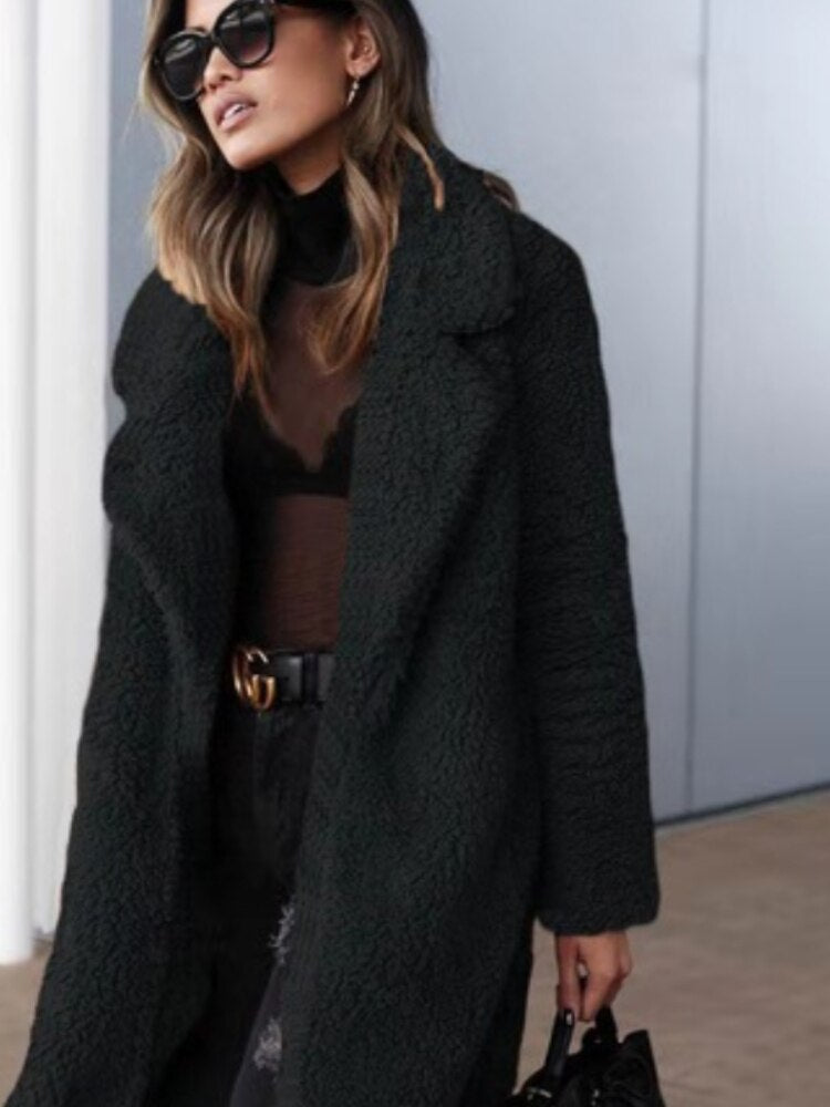 Modna Ciepła Długa Kurtka Teddy dla Kobiet - Isla-Czarny-S-Trend Polska