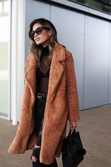 Modna Ciepła Długa Kurtka Teddy dla Kobiet - Isla-Czekolada-S-Trend Polska