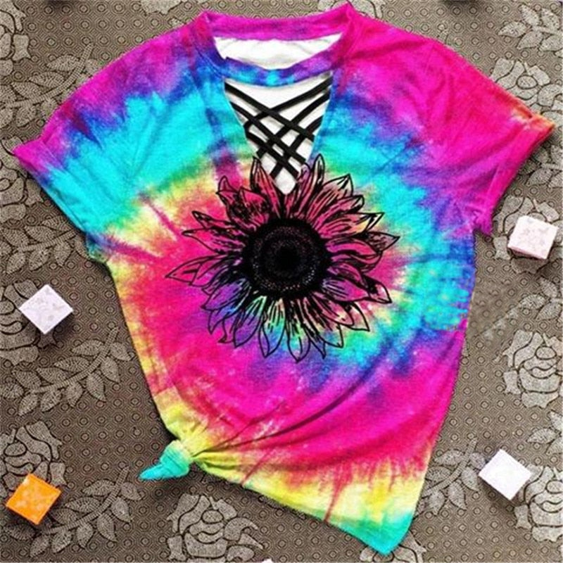Modna damska koszulka z wycięciami i wzorem tie-dye – Norina-A-S-Trend Polska