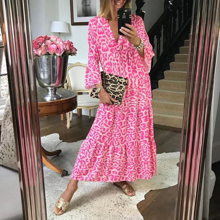 Modna maxi sukienka z różowym nadrukiem w panterkę - ChicSafari-S-Trend Polska