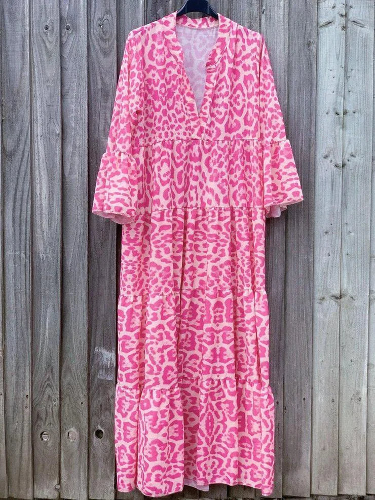 Modna maxi sukienka z różowym nadrukiem w panterkę - ChicSafari-S-Trend Polska