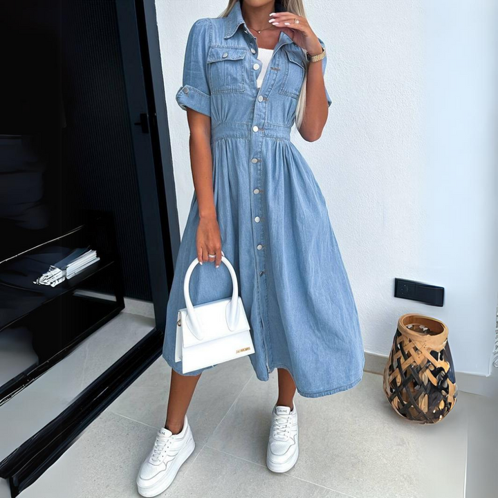 Modna Sukienka Dżinsowa z Krótkim Rękawem - DenimCharm-S-Trend Polska
