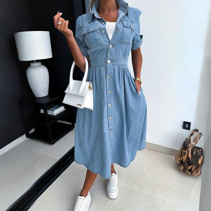 Modna Sukienka Dżinsowa z Krótkim Rękawem - DenimCharm-S-Trend Polska