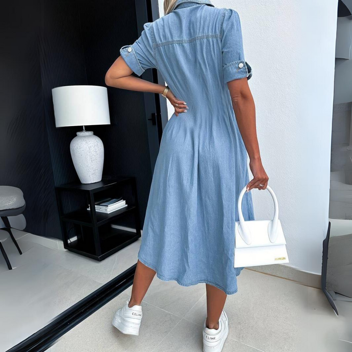 Modna Sukienka Dżinsowa z Krótkim Rękawem - DenimCharm-S-Trend Polska