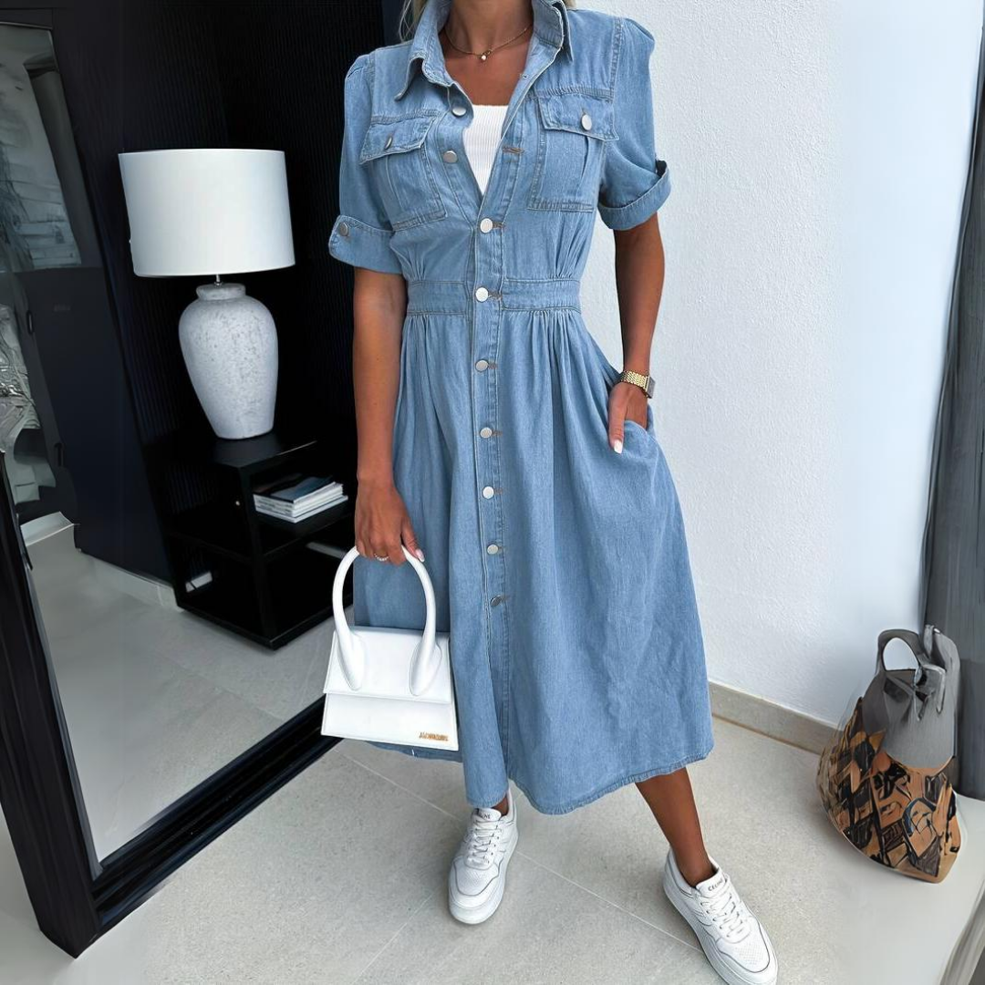 Modna Sukienka Dżinsowa z Krótkim Rękawem - DenimCharm-S-Trend Polska
