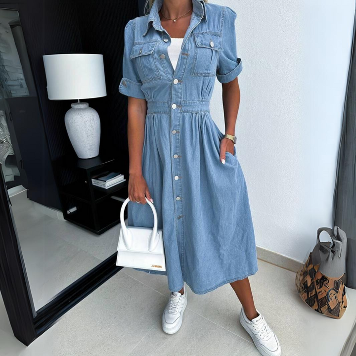 Modna Sukienka Dżinsowa z Krótkim Rękawem - DenimCharm-S-Trend Polska