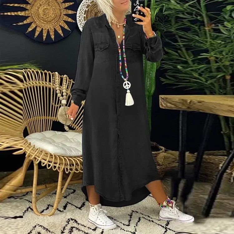 Modna sukienka dżinsowa z zapięciem na guziki i kieszeniami – Isaline-Czarny-S-Trend Polska