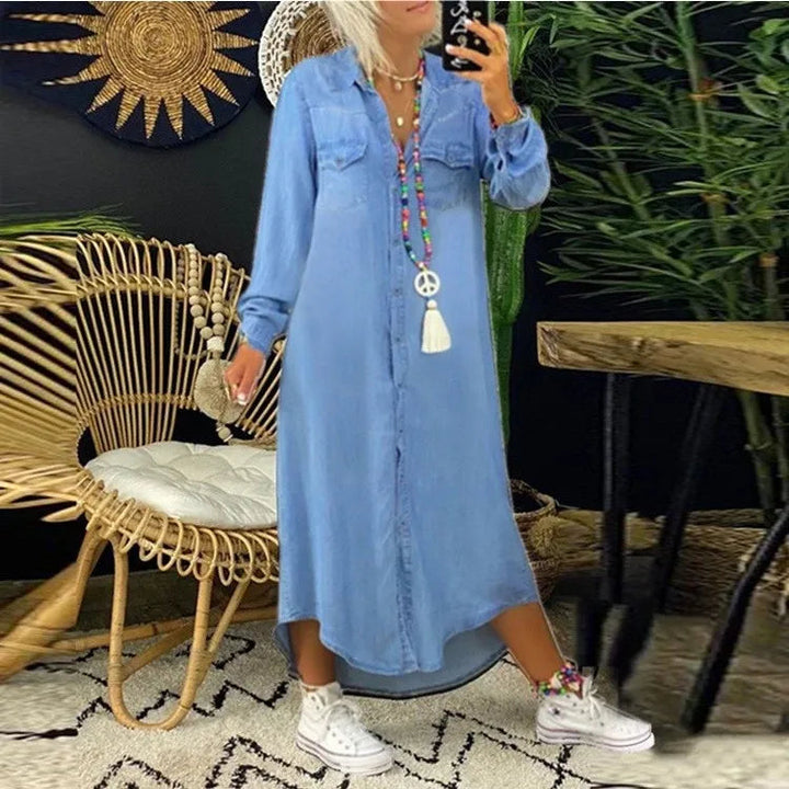 Modna sukienka dżinsowa z zapięciem na guziki i kieszeniami – Isaline-Jasnoniebieski-S-Trend Polska
