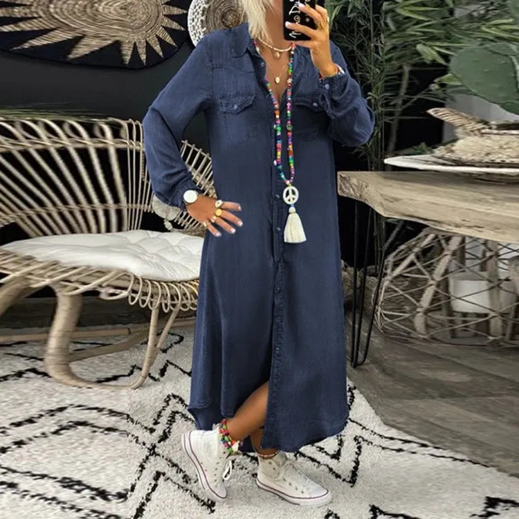Modna sukienka dżinsowa z zapięciem na guziki i kieszeniami – Isaline-Niebieski-S-Trend Polska