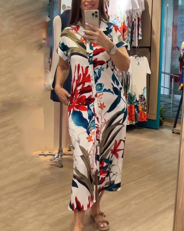 Modna sukienka letnia dla kobiet z nadrukiem i kołnierzykiem – Flora-S-Trend Polska