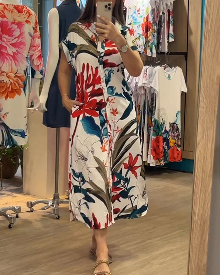 Modna sukienka letnia dla kobiet z nadrukiem i kołnierzykiem – Flora-S-Trend Polska