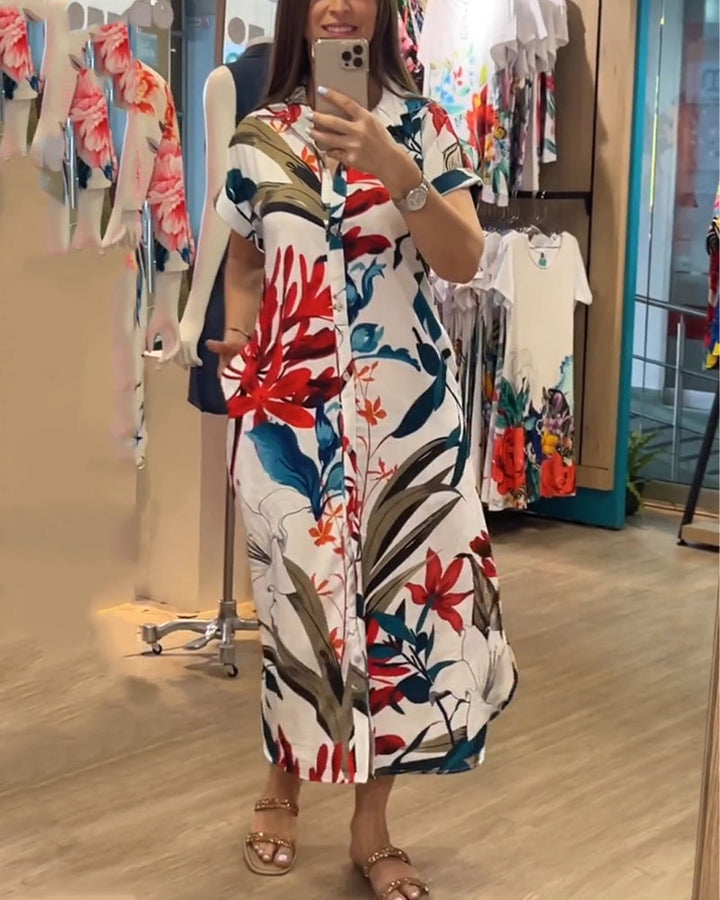 Modna sukienka letnia dla kobiet z nadrukiem i kołnierzykiem – Flora-S-Trend Polska