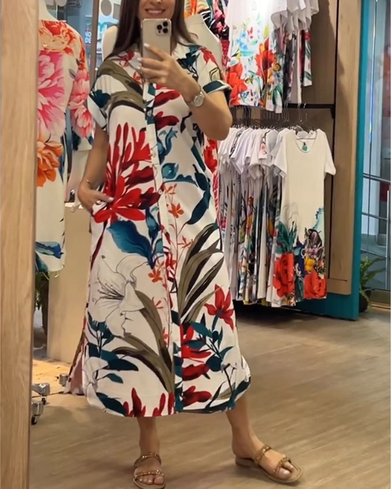 Modna sukienka letnia dla kobiet z nadrukiem i kołnierzykiem – Flora-S-Trend Polska