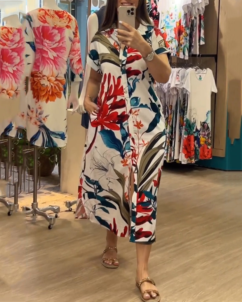 Modna sukienka letnia dla kobiet z nadrukiem i kołnierzykiem – Flora-S-Trend Polska
