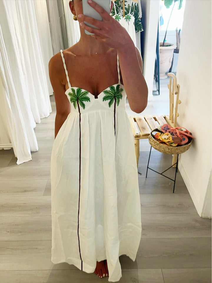 Modna sukienka na ramiączkach z tropikalnym nadrukiem palm – Estelle-S-Trend Polska