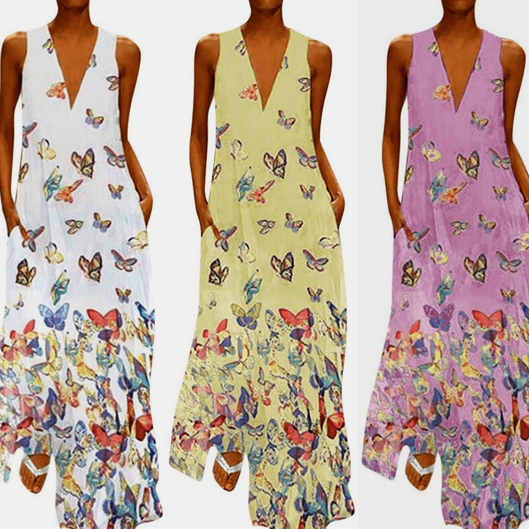 Modne bezrękawnikowe letnie maxi sukienka z motywem motyli – Malia-Biały-S-Trend Polska