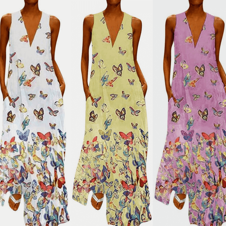Modne bezrękawnikowe letnie maxi sukienka z motywem motyli – Malia-Biały-S-Trend Polska