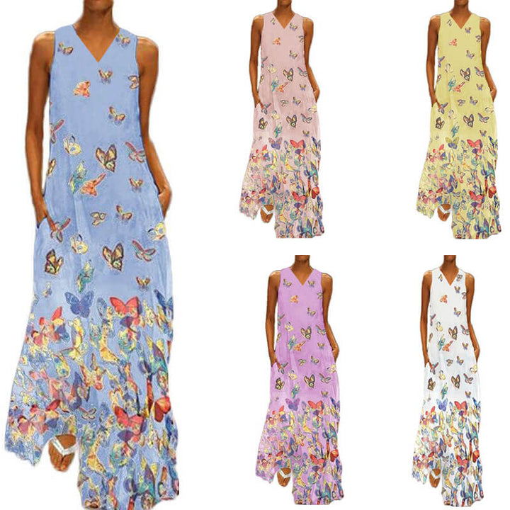 Modne bezrękawnikowe letnie maxi sukienka z motywem motyli – Malia-Biały-S-Trend Polska