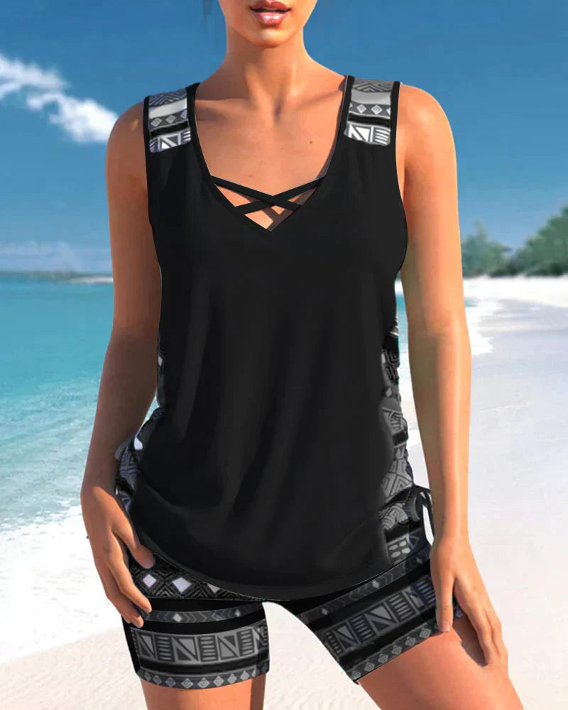 Modne kostiumy kąpielowe z dekoltem w kształcie V i geometrycznym wzorem – zestaw tankini Madonna-Czarny-S-Trend Polska