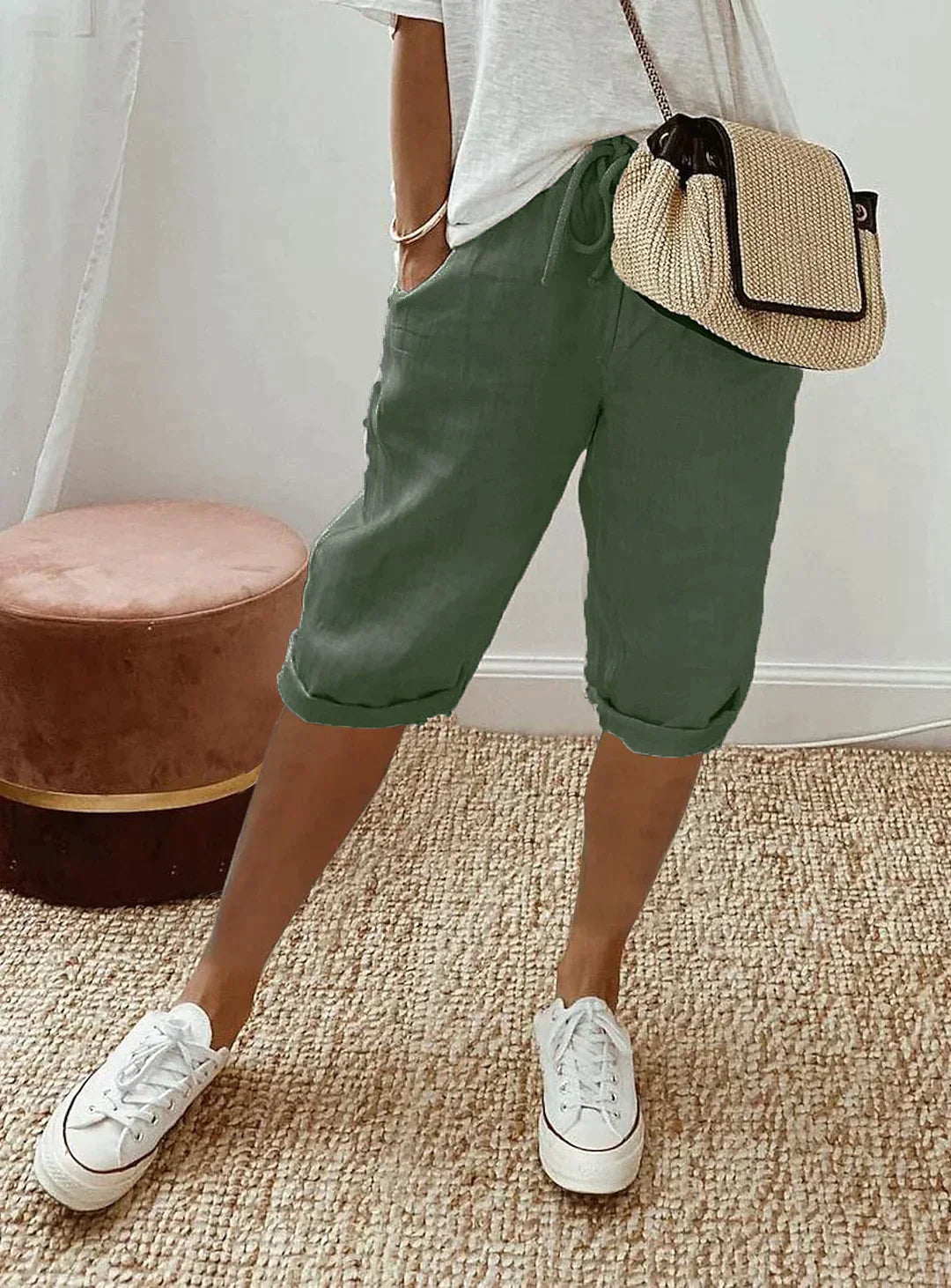 Modne letnie damskie spodnie lniane - Lina-Zielony-XS-Trend Polska