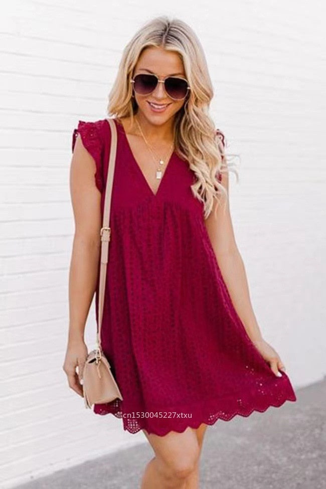 Modne letnie mini sukienka z falbanami – Elina-Bordowy-XS-Trend Polska