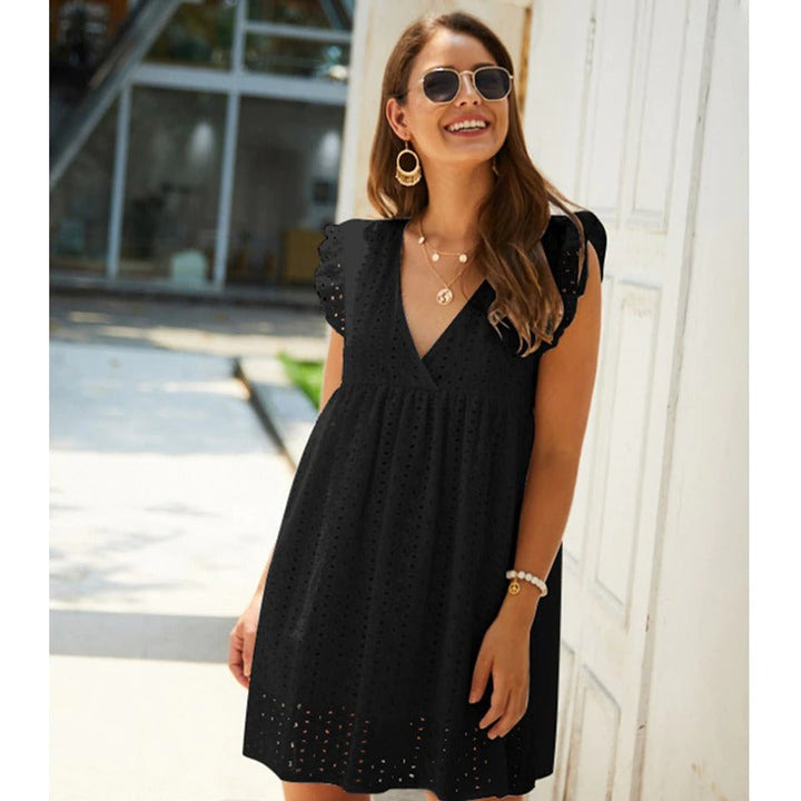 Modne letnie mini sukienka z falbanami – Elina-Czarny-XS-Trend Polska