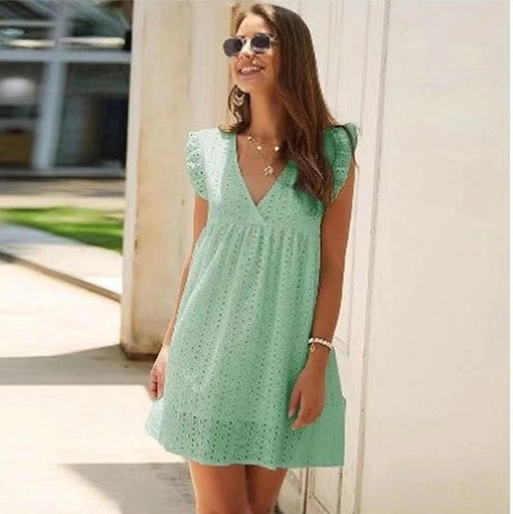 Modne letnie mini sukienka z falbanami – Elina-Jasnozielony-XS-Trend Polska