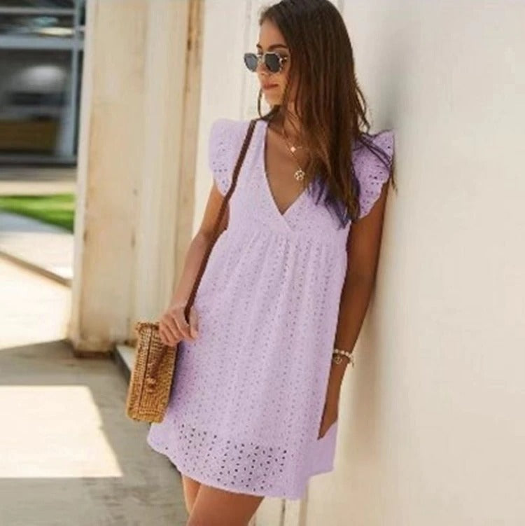 Modne letnie mini sukienka z falbanami – Elina-Lawenda-XS-Trend Polska