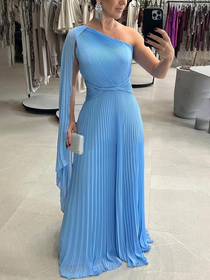Modne maxikleid z jednym ramieniem i plisowanymi fałdami – Mirella-Niebieski-XS-Trend Polska