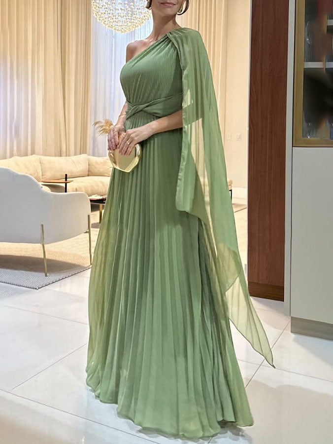 Modne maxikleid z jednym ramieniem i plisowanymi fałdami – Mirella-Zielony-XS-Trend Polska