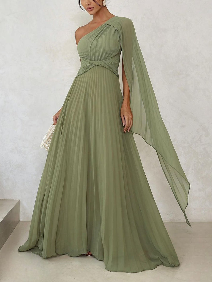 Modne maxikleid z jednym ramieniem i plisowanymi fałdami – Mirella-Zielony-XS-Trend Polska