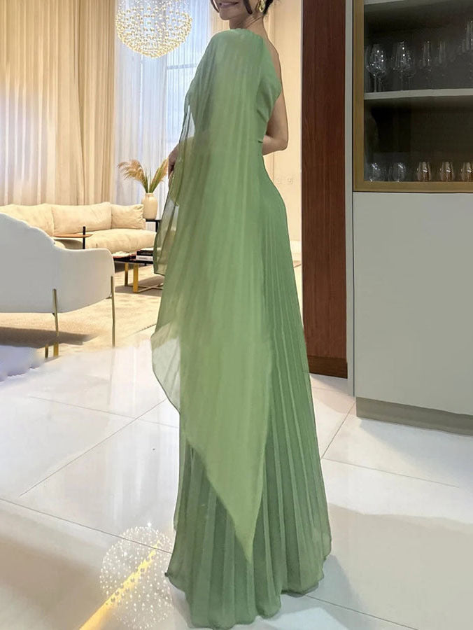 Modne maxikleid z jednym ramieniem i plisowanymi fałdami – Mirella-Zielony-XS-Trend Polska