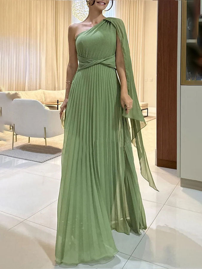 Modne maxikleid z jednym ramieniem i plisowanymi fałdami – Mirella-Zielony-XS-Trend Polska