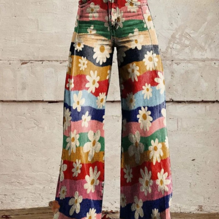 Modne retro-botaniczne spodnie z dzwonami i wysokim stanem – Mirella-S-Trend Polska