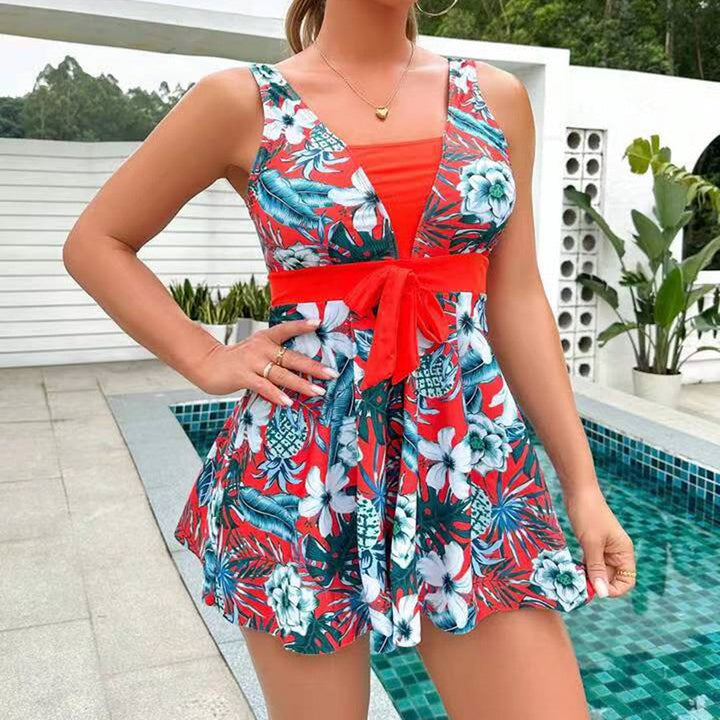Modne tankini z nadrukiem i spódniczką z rozporkiem – Zamira-Czerwony-S-Trend Polska