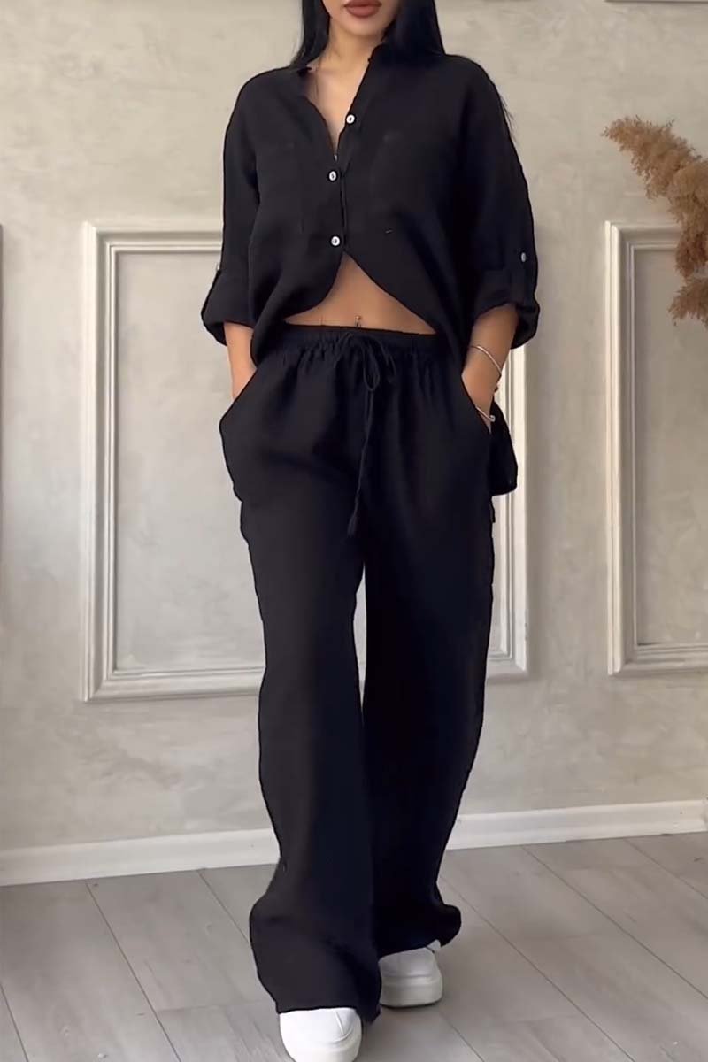Modny damski zestaw lniany z bluzką i szerokimi spodniami – Lina-Czarny-S-Trend Polska
