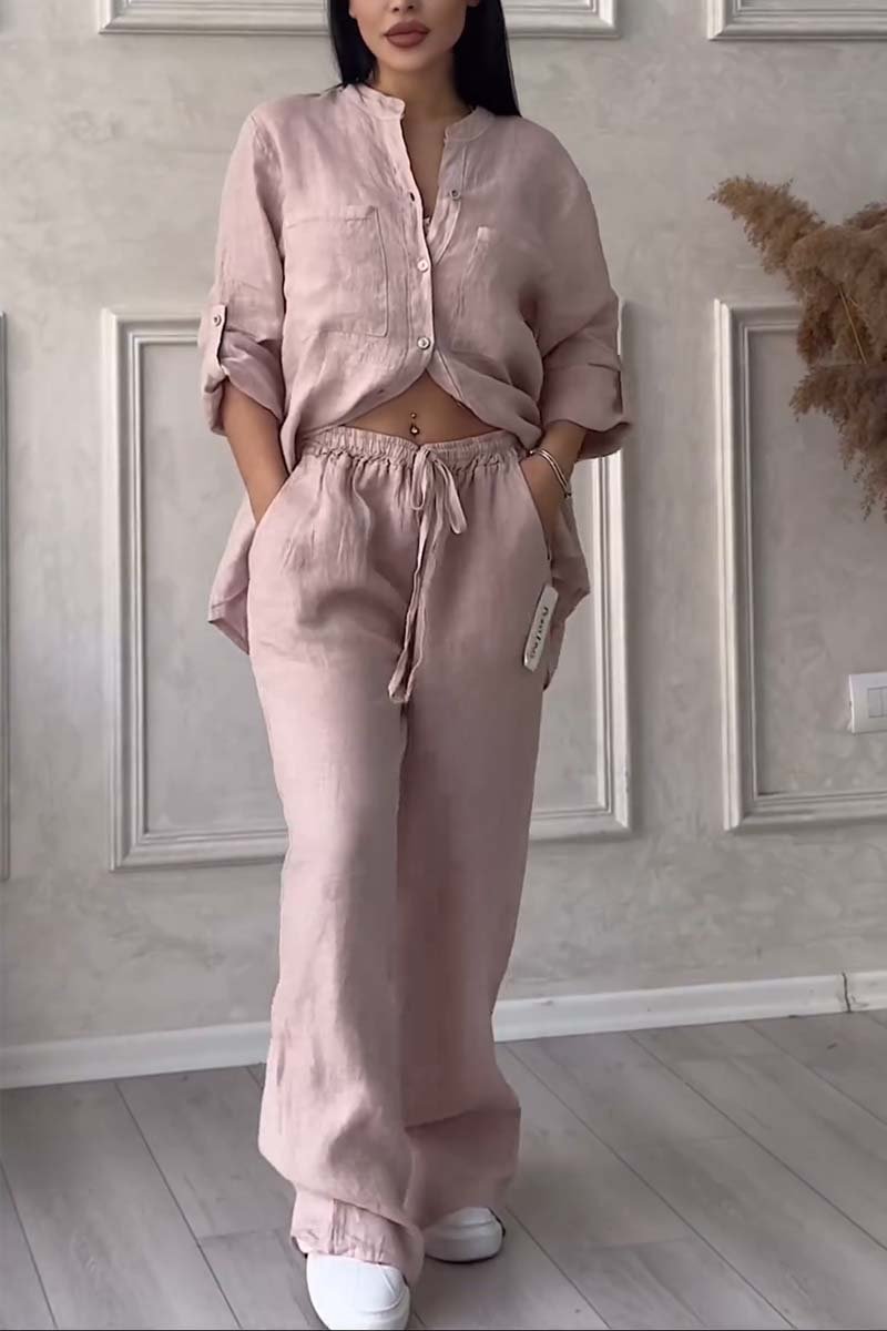 Modny damski zestaw lniany z bluzką i szerokimi spodniami – Lina-Morelowy-S-Trend Polska