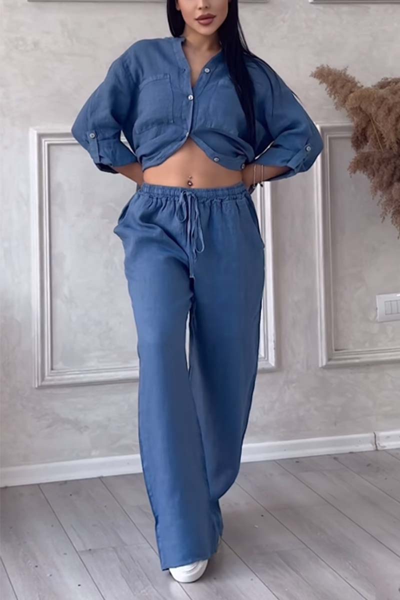 Modny damski zestaw lniany z bluzką i szerokimi spodniami – Lina-Niebieski-S-Trend Polska