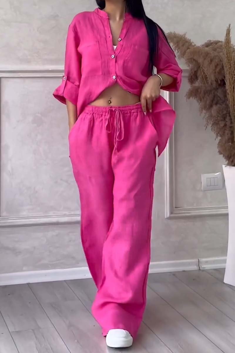 Modny damski zestaw lniany z bluzką i szerokimi spodniami – Lina-Różowy-S-Trend Polska