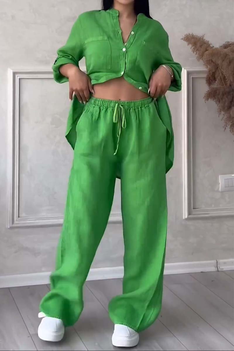 Modny damski zestaw lniany z bluzką i szerokimi spodniami – Lina-Zielony-S-Trend Polska