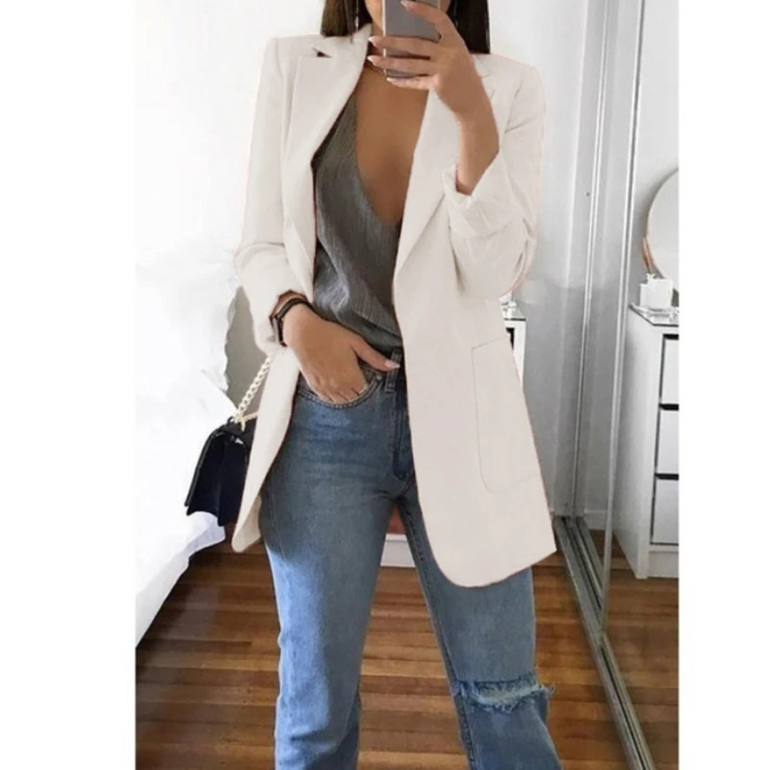 Modny Długi Żakiet Damski - Valentina-Biały-S-Trend Polska