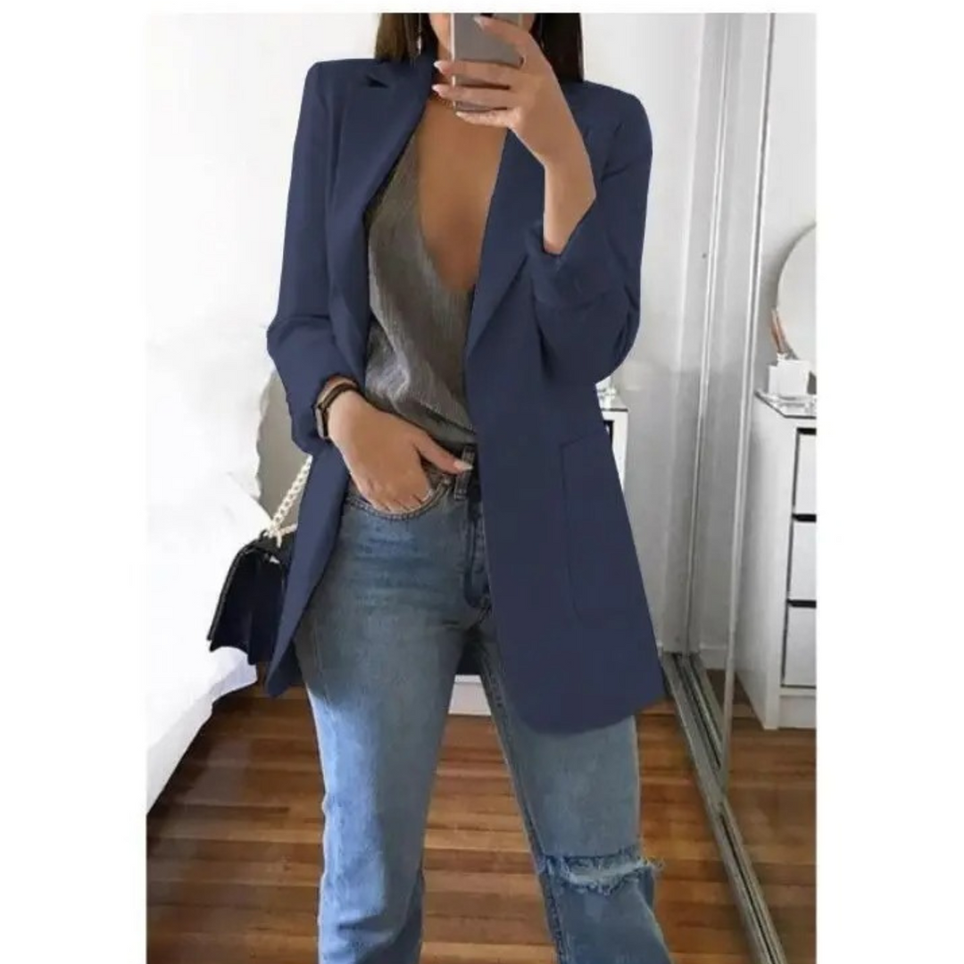 Modny Długi Żakiet Damski - Valentina-Ciemnoniebieski-S-Trend Polska
