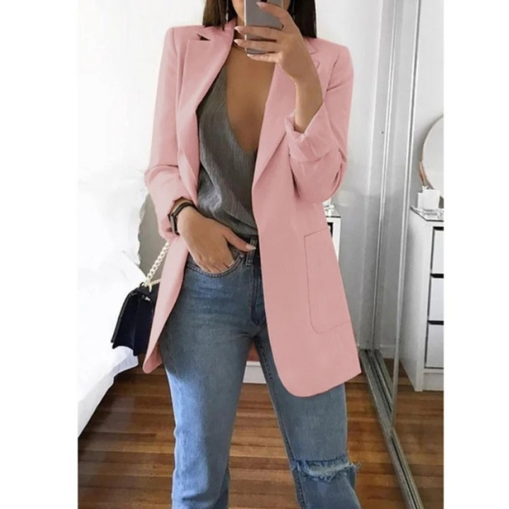 Modny Długi Żakiet Damski - Valentina-Jasnoróżowy-S-Trend Polska