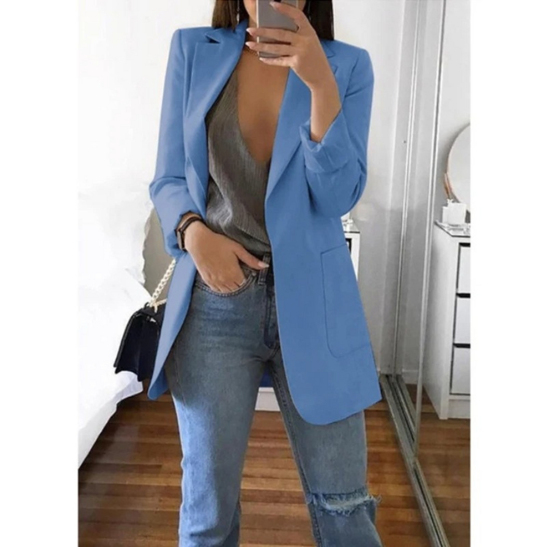 Modny Długi Żakiet Damski - Valentina-Niebieski-S-Trend Polska